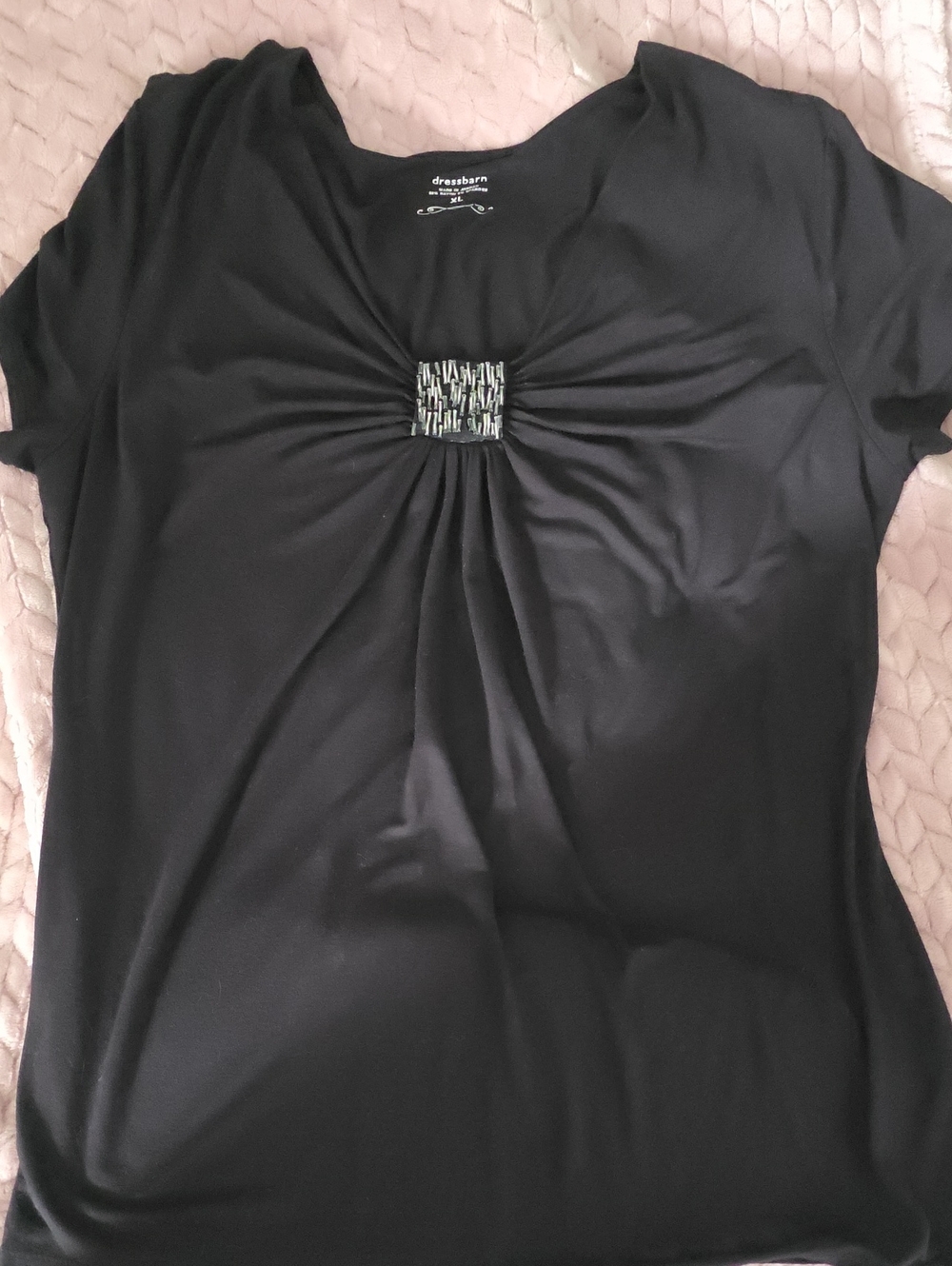 dressbarn Black Short Sleeve Knit Top with Center Beaded Accent
